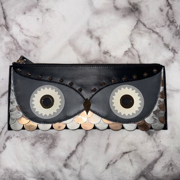 Kate Spade Genuine Leather Wise Owl Clutch - Black w Bronze Gold Silver Accents - Picture 2 of 7